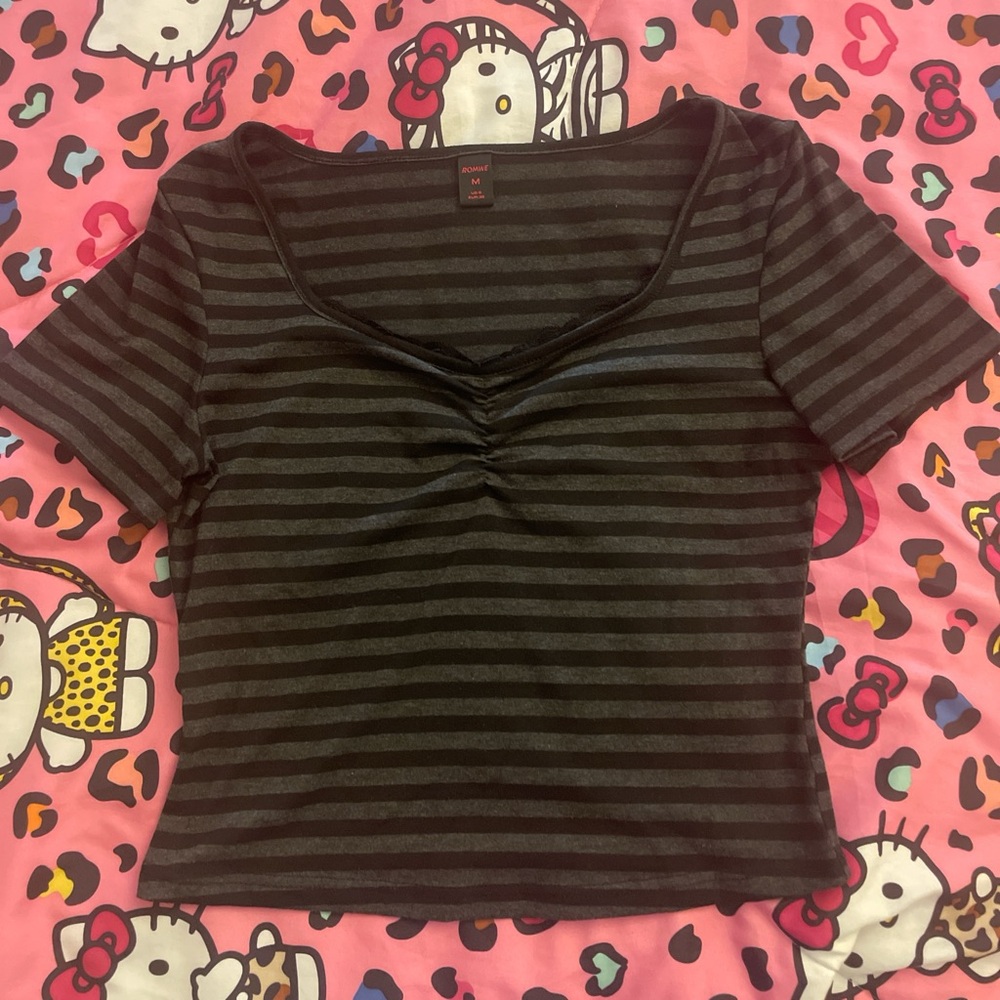 Black and Gray Fitted Ruched Blouse